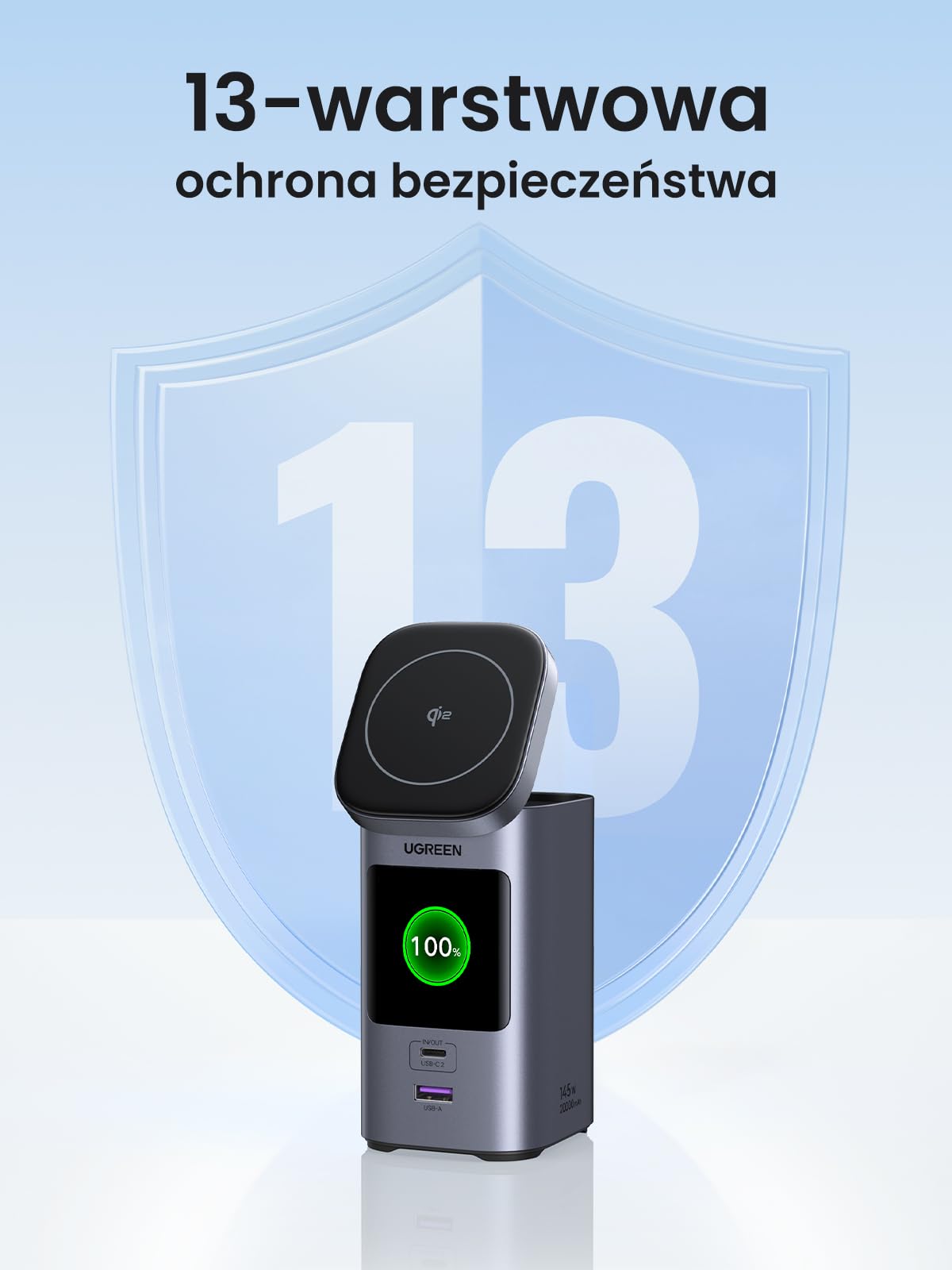 UGREEN Nexode Pro Powerbank 20000mAh 145W, z Qi2 15W ład. bezpr. | 2x USB-C+1x USB-A, ładowanie bezprzewodowe dla iPhone, port USB-C max. 100W, wyświetlacz TFT, do podróży/biura