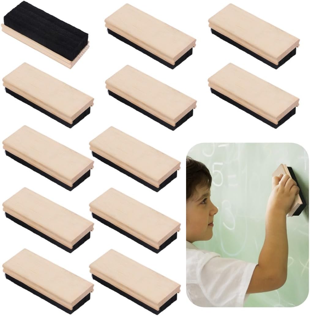 Set of 12 Wooden Chalkboard Erasers, Dustless Wool Felt Erasers for Teachers and Kids, Ideal for School, Office, and Home Use