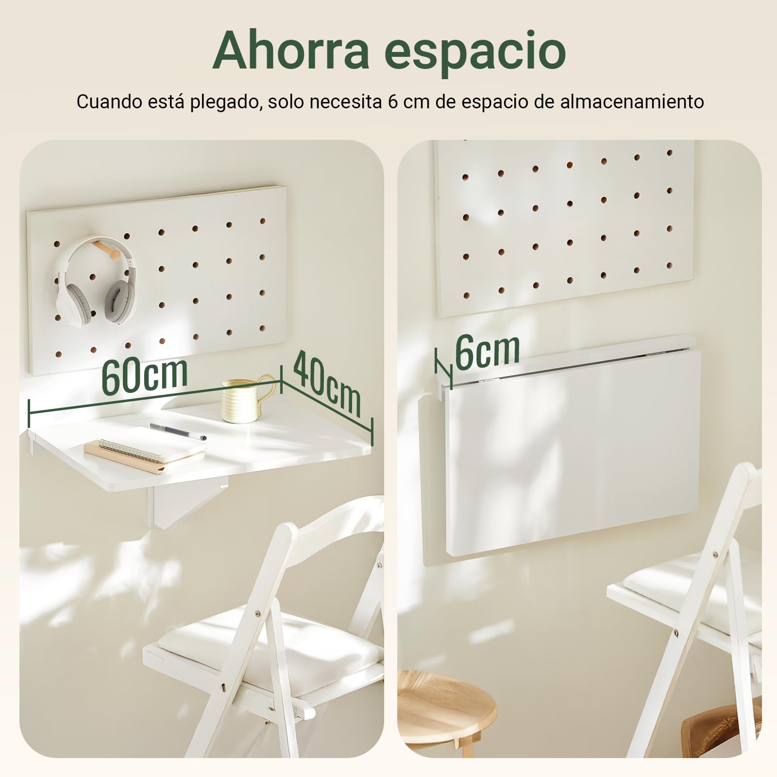 SoBuy Mesa Plegable a Muro, Escritorio Compacto, Mesa de Cocina Plegable, Diseño Salvaspacio, Extensible, Ideal para Espacios Pequeños, Cocina, Oficina, 60x40cm Blanco FWT03-W