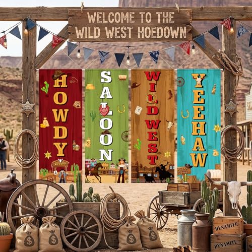Image of Panelee 4 Pcs Western Cowboy Party Decorations Wild West Porch Banner Hanging Backdrop for Rodeo Cowboy Birthday Baby Shower Door Wall Indoor Outdoor Wedding Decor