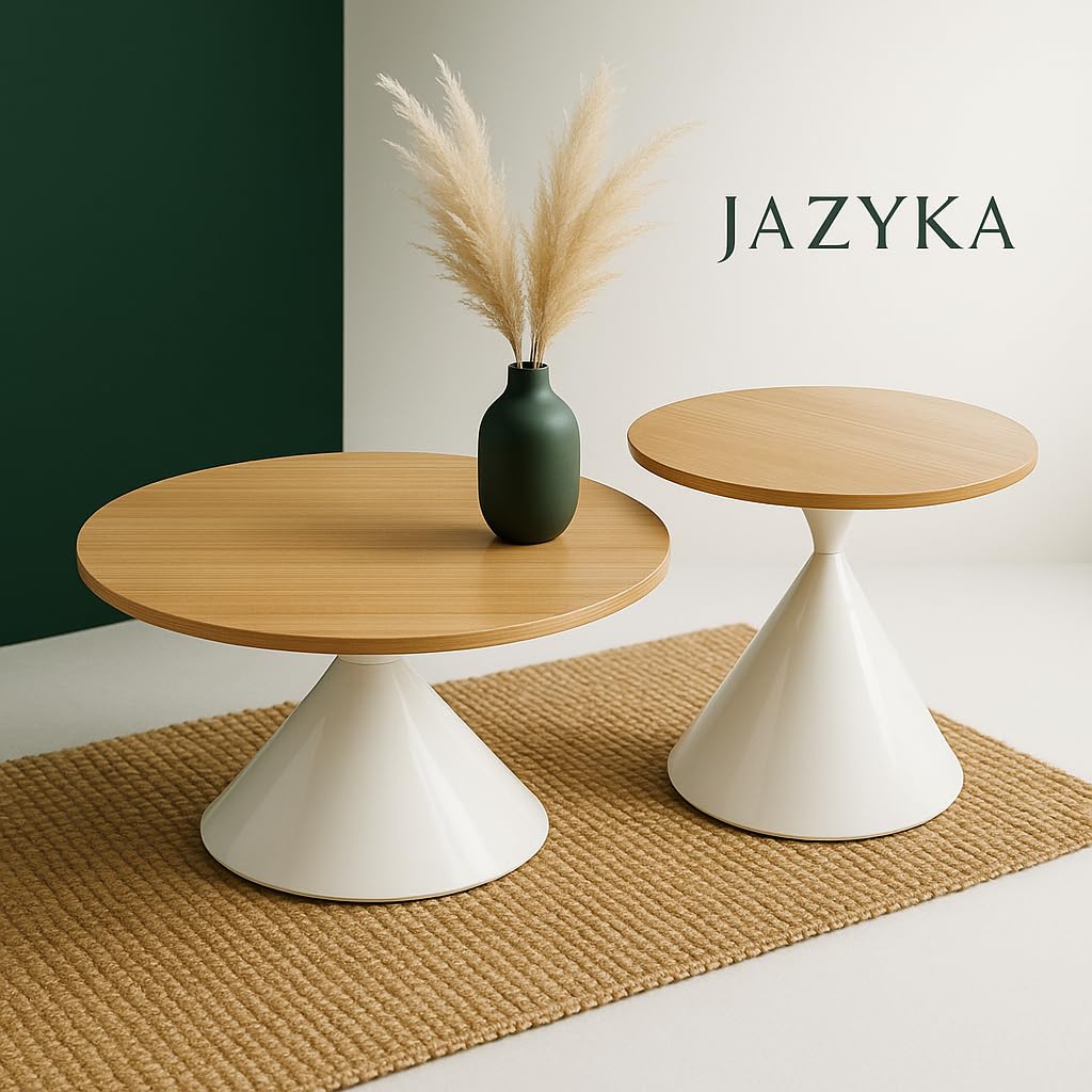 Couchtisch Set 2 Stück – Rund, Skandinavisches Design – Helles Holz & Weiß – Beistelltisch oder Sofatisch – Modell ÁUREA