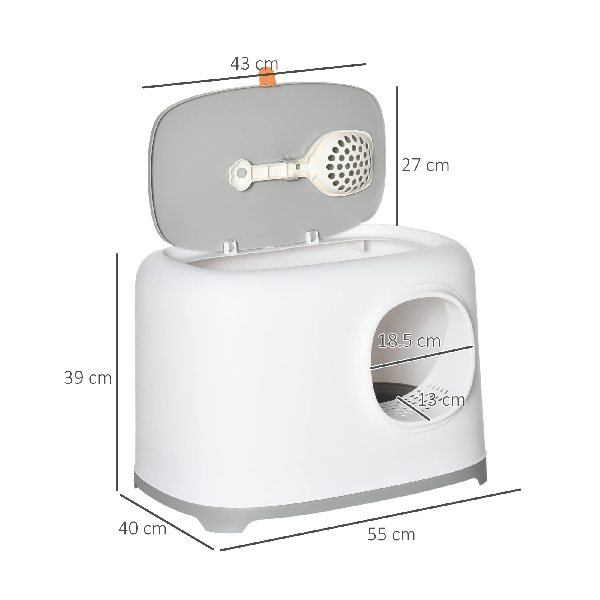 PawHut Lettiera per Gatti Apribile con Coperchio 55x40x39cm Bianca Grigia | in PP, Paletta Inclusa