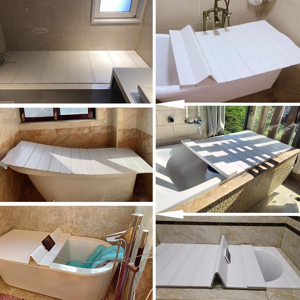 Bandeja organizadora de bambú para bañera con cubierta a prueba de polvo, impermeable, expandible, incluye soporte para copas de vino, soporte para libros, jabonera, ranura para teléfono, se adapta a