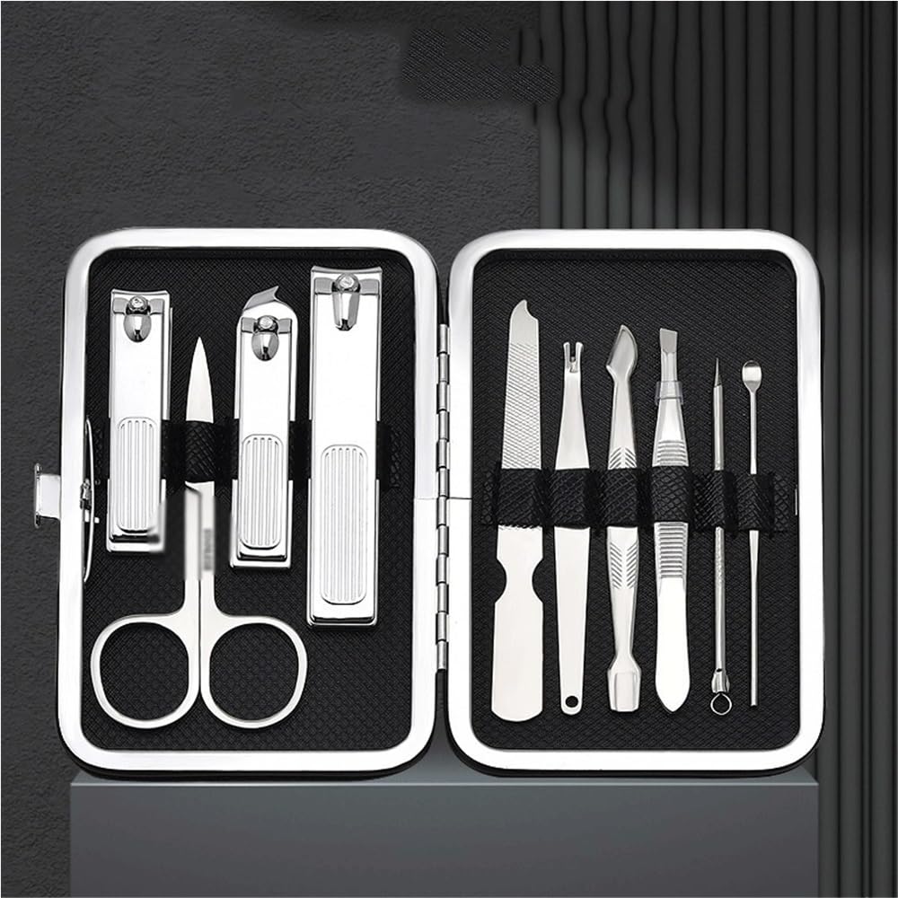 Juego de cortaúñas Kit de manicura y pedicura, tijeras portátiles de acero inoxidable for uñas, 10 piezas, herramientas de manicura y realce, herramientas for el cuidado de las uñas con estuche de via