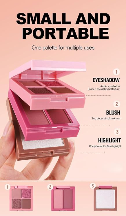 Three in One Face Makeup Plate Eyes Shadow, Powder Blusher, High Gloss Multi-function Makeup Set Matte Pearl Makeup Effect (01)