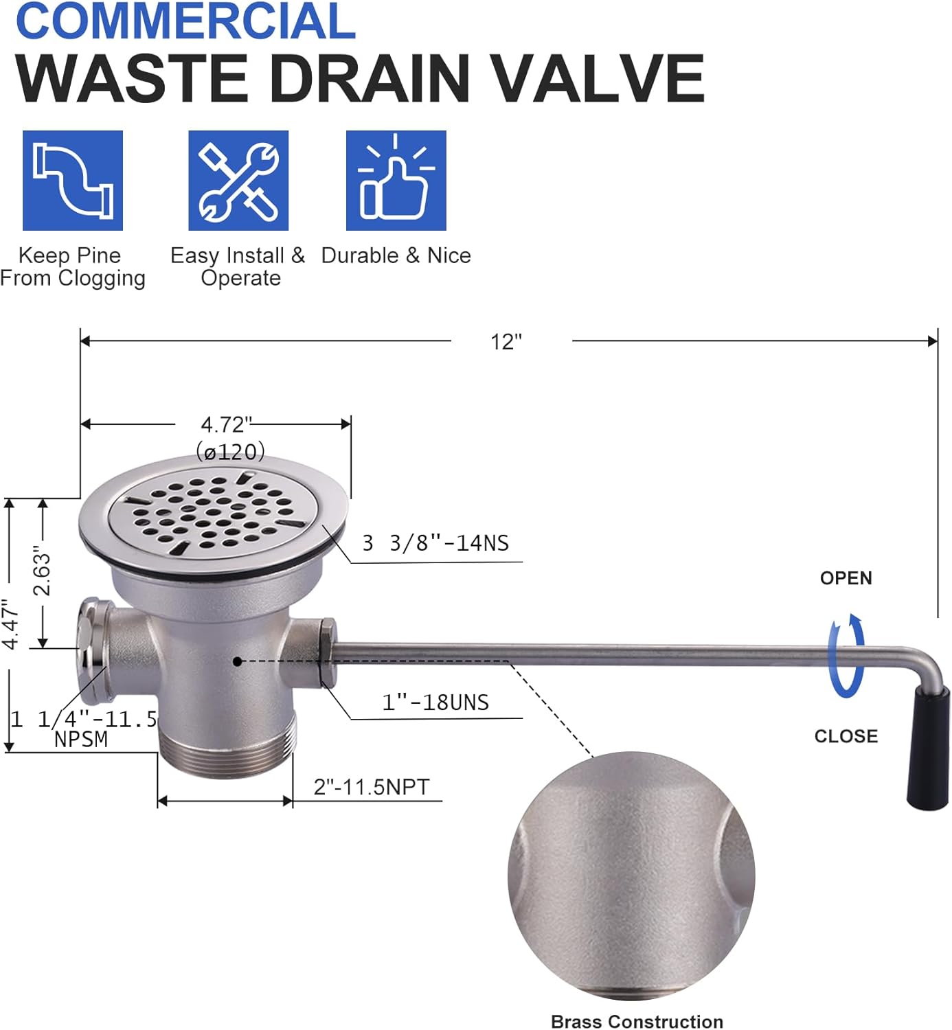 Commercial Sink Drain: 3-1/2" Sink Opening Waste Drain Valve - Brass Kitchen Sink Drain With Twist Handle - Commercial Sink Stopper Prevents Sink Clogged Overflow For Restaurant Multi-Basin Sink