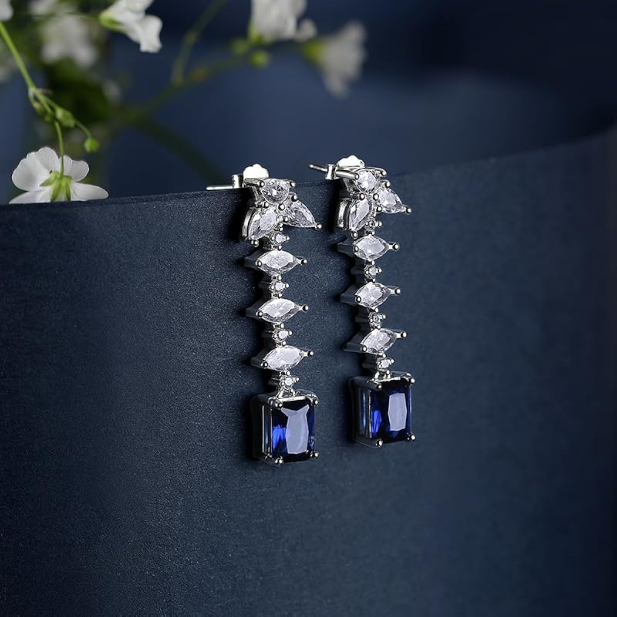 Women's Blue Emerald Cut Stone & Marquise Zirconia Silver Toned Drop Earrings