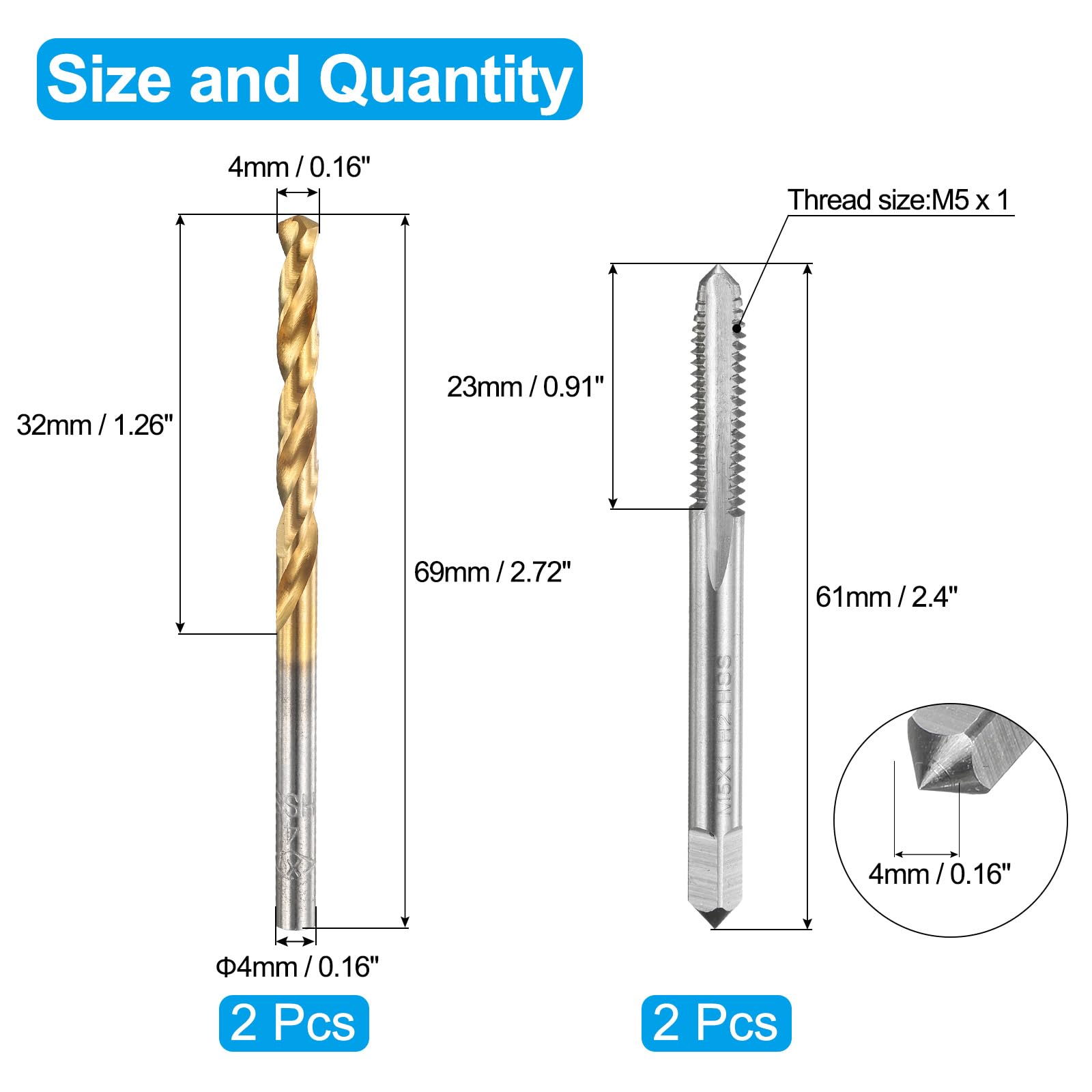 Set di maschi e punte da trapano, 2 maschi per filettatura metrica a scanalatura dritta M5 x 1 e 2 punte elicoidali da 4,0 mm, kit di utensili per filettatura HSS-6542 non rivestiti/rivestiti in ti