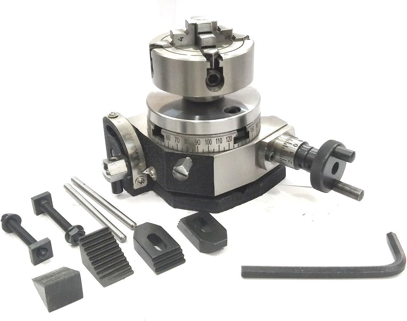 Buyohlic 3" (80 mm) Tilting Rotary Table with 70 mm 4-Jaw Independent Chuck, Back Plate, T-Nuts, Bolts & M6 Clamp Kit