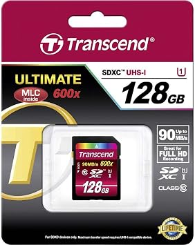 Transcend 128GB SDXC Class 10 UHS-1 Flash Memory Card Up to 90MB/s (TS128GSDXC10U1)