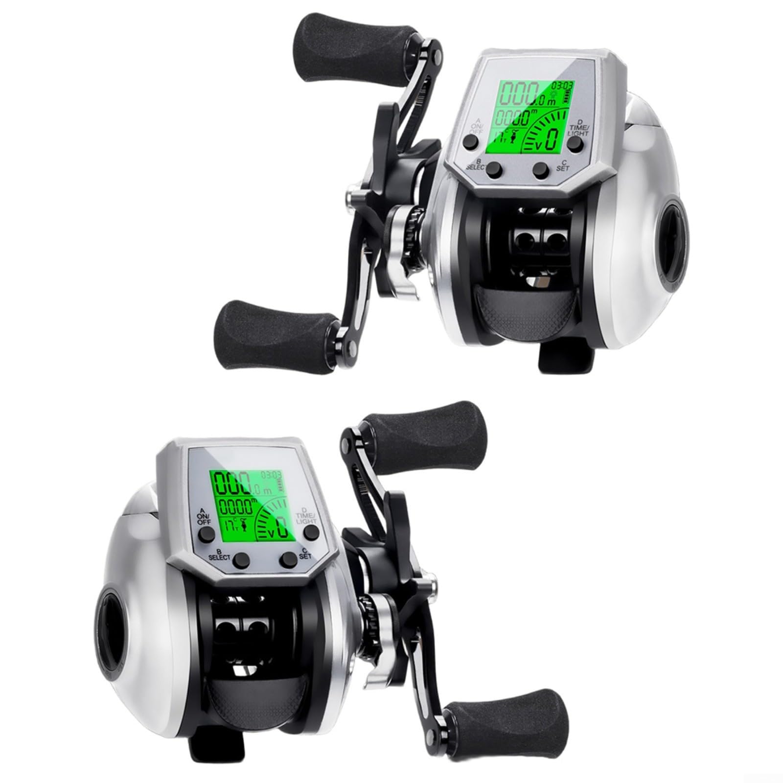 Mulinello da pesca digitale, stile baitcasting, con display a doppia temperatura/ora, rapporto di trasmissione 7,2:1, tracciamento della lunghezza della lenza, argento