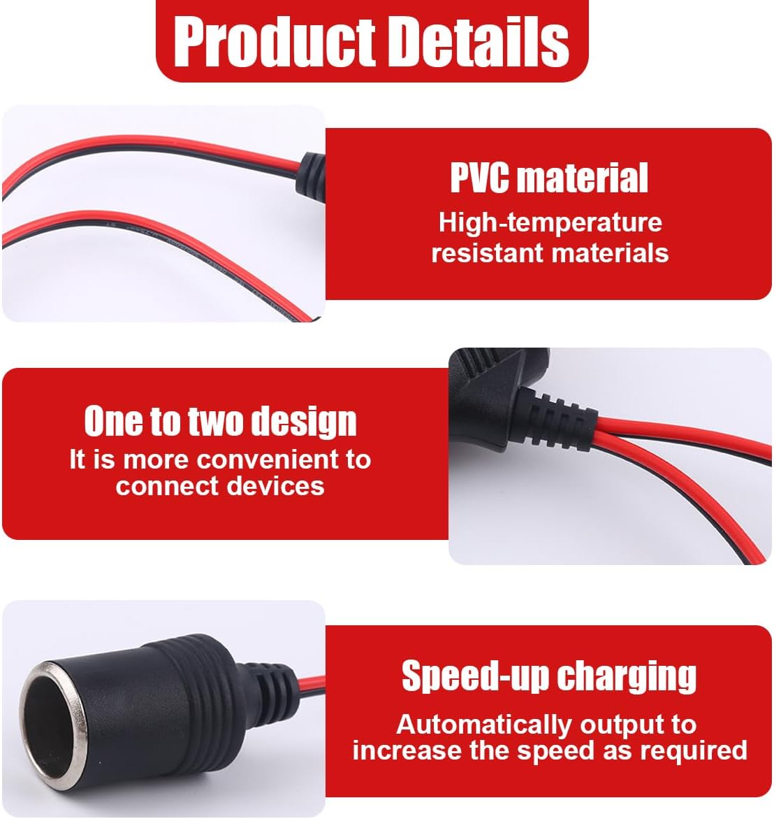 1 to 2 Car Cigarette Lighter Splitter Adapter, Automotive Power Charger Port Socket 2-Way Splitter with On Off Switch, 12V/24V Cigarette Lighter Extension Cable with 15A Fuse (1 to 2)