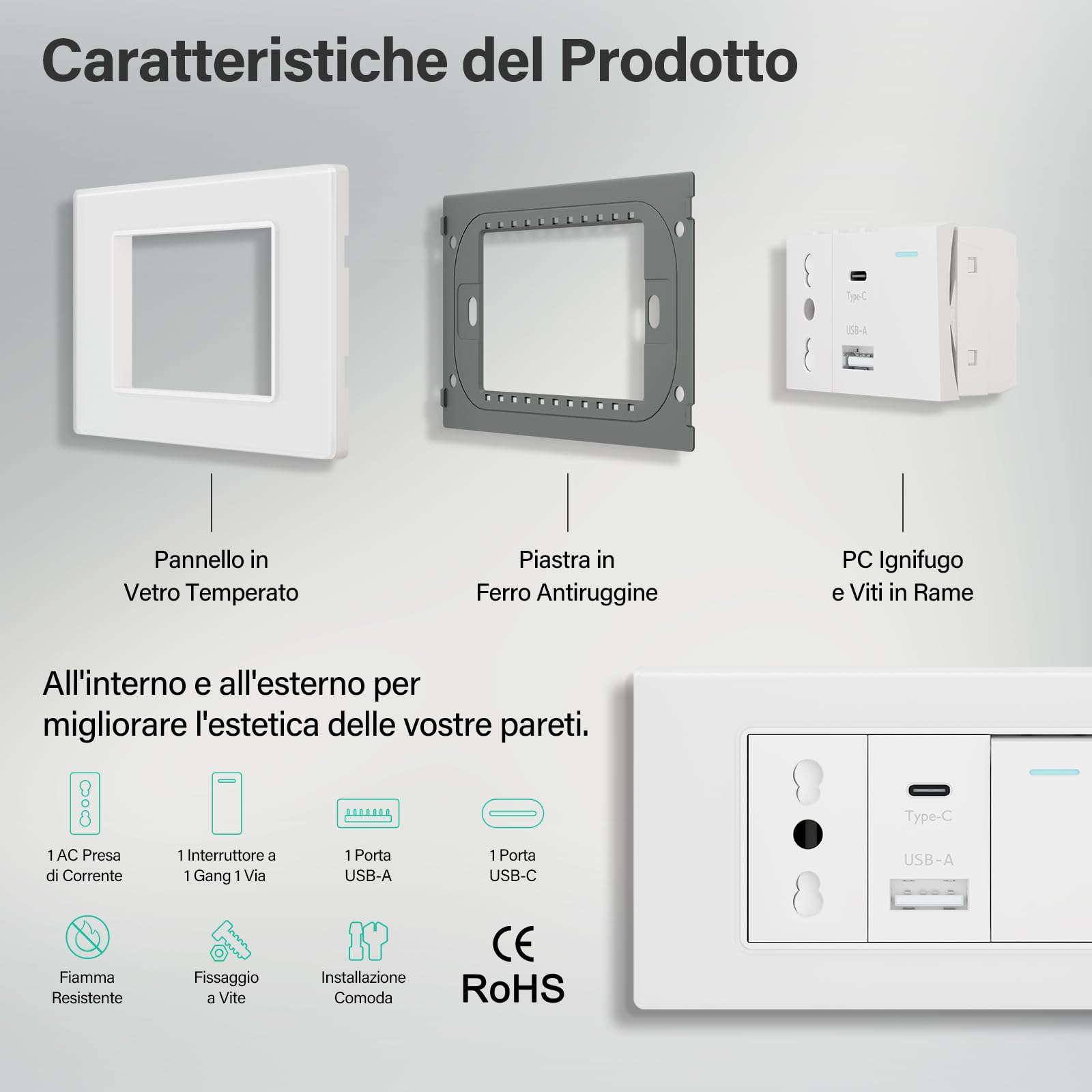 BSEED Prise avec USB A et USB C, prises électriques murales 118mm, prises italienne pour bureau à domicile, Prise+10.5W+1 Gang 1 Voie-4 pièces, Blanc