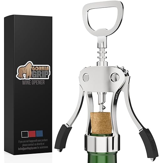GORILLA GRIP BPA-Free Premium Wine Opener, Heavy Duty Zinc Alloy Wing Corkscrew, Multifunctional Bottle Opener, Remove Corks or Cap, Easy to Use Sharp Cork Screw, Dishwasher Safe, Bar Essential, Black
