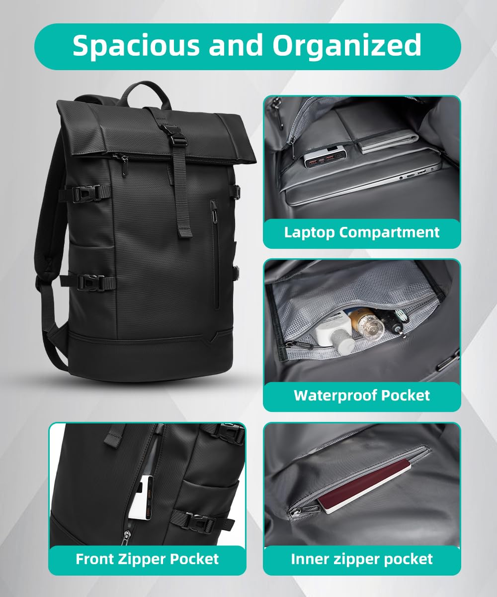 Wasserdichter Rolltop Rucksack 33L für Damen & Herren 15 Zoll Laptop Rucksack Schwarz