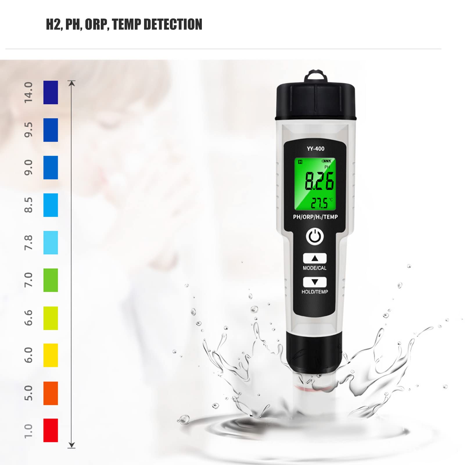 SIXRUN Digitaler Wassertester, 4-in-1-Multifunktions-PH-ORP-H2-Temperaturmessgerät mit Hintergrundbeleuchtung, für Trinkwasser, Aquarium, Pool und Labor