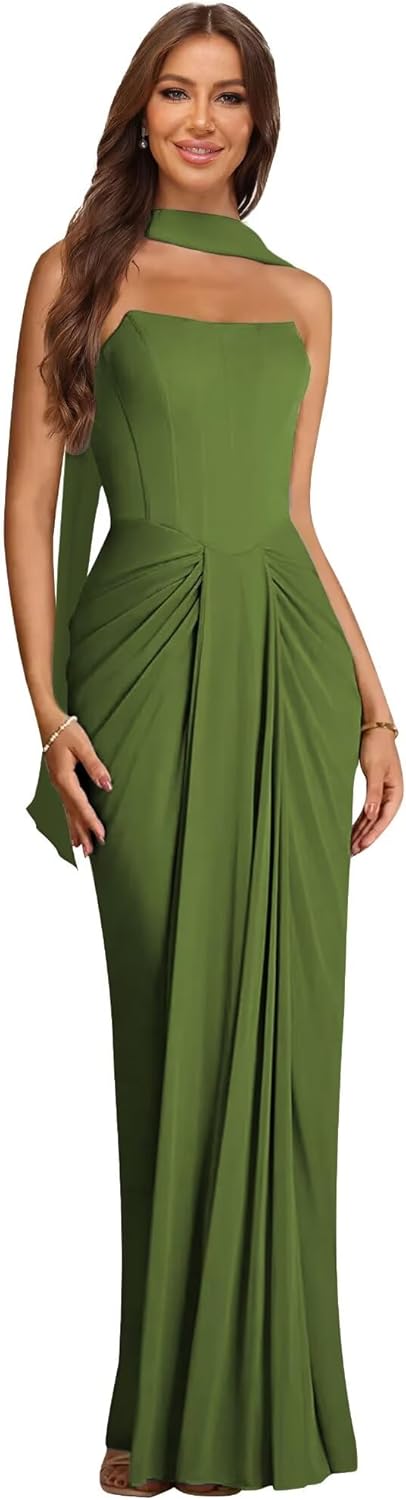Chiffon Bridesmaid Dress with Scarf Strapless Mermaid Long Pleated Formal Evening Maxi Gowns HWBM2510038