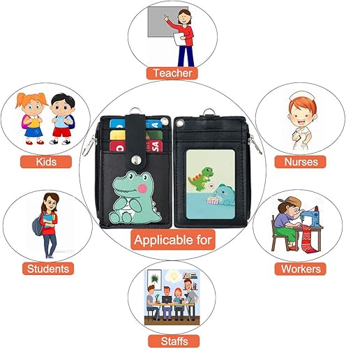 Miniatura 6 de HASFINE - Soporte para tarjetas de identificación con zíper, tarjetero de piel, tarjetero con zíper, 2 caras, 5 ranuras para tarjetas y llavero para