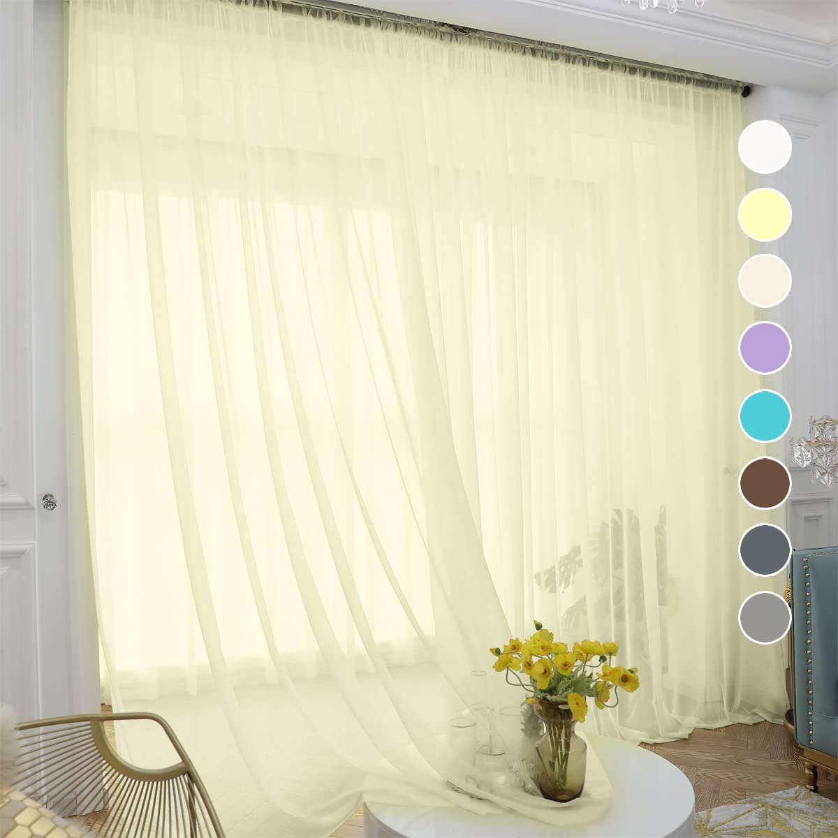 ABCHOME Light Yellow Sheer Curtains 84 Inches Long 2 Panels,Rod Pocket Voile Semi Sheer Window Curtains for Kitchen, Bedroom and Living Room (Light