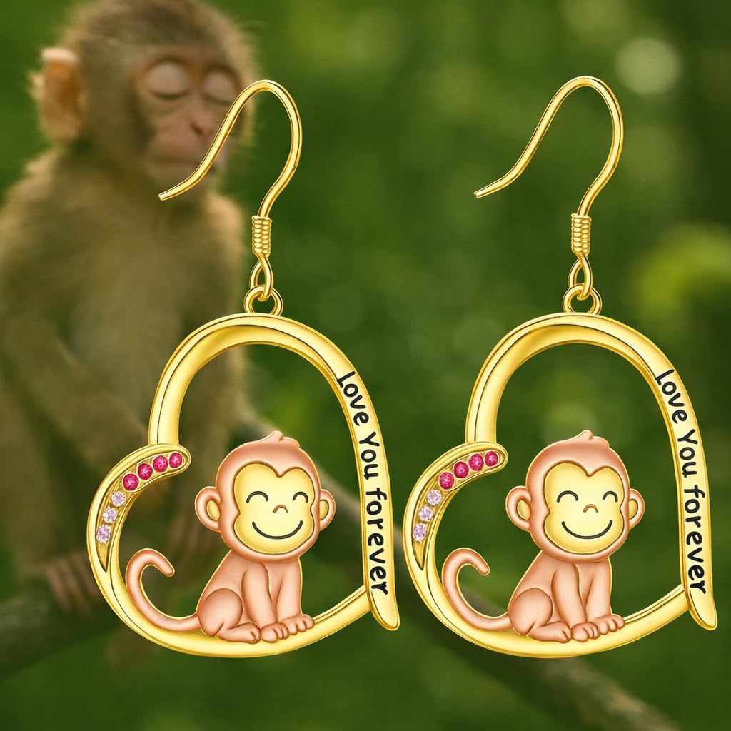 Heart-Shaped Animal Dangle Earrings, Monkey and Koala, Stainless Steel with Rhinestones, Banana Charm, Birthday or Party Gift