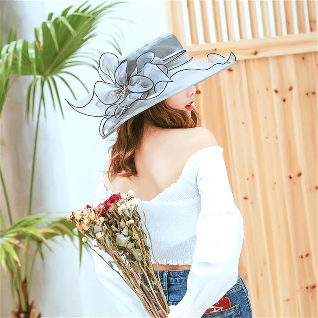 Yeuyyben Cappello da donna elegante con fiocco estivo in organza a tesa larga cappelli per protezione solare per donne chiesa matrimonio spiaggia cappello da sole pieghevole