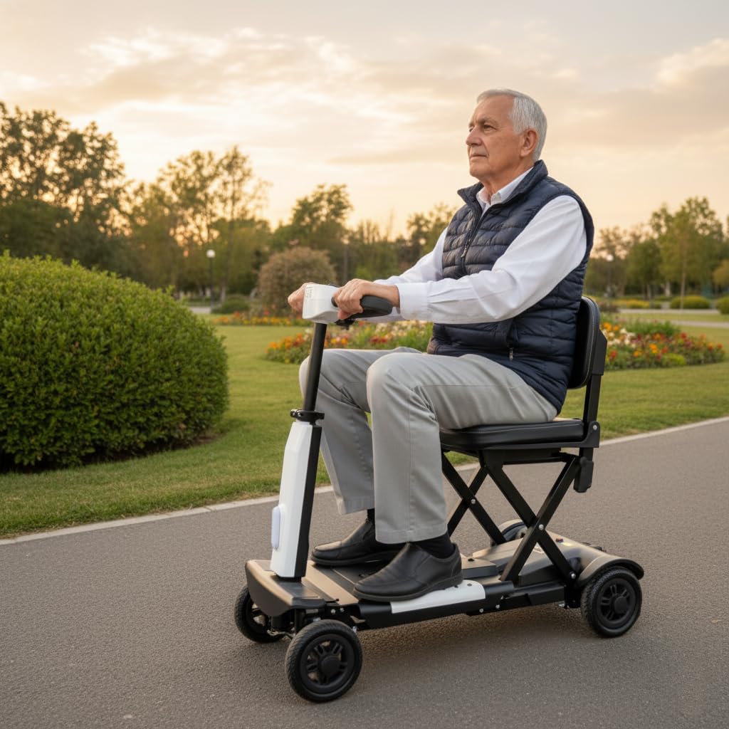 PEPE Mobility Scooter Eléctrico Plegable, Batería 10Ah, 4 Ruedas, Blanco | Autonomía de 10 a 15 km, Litio Extraíble de 24V con 2 Llaves, Manillar Regulable, Asiento Acolchado, Luz LED y Claxon