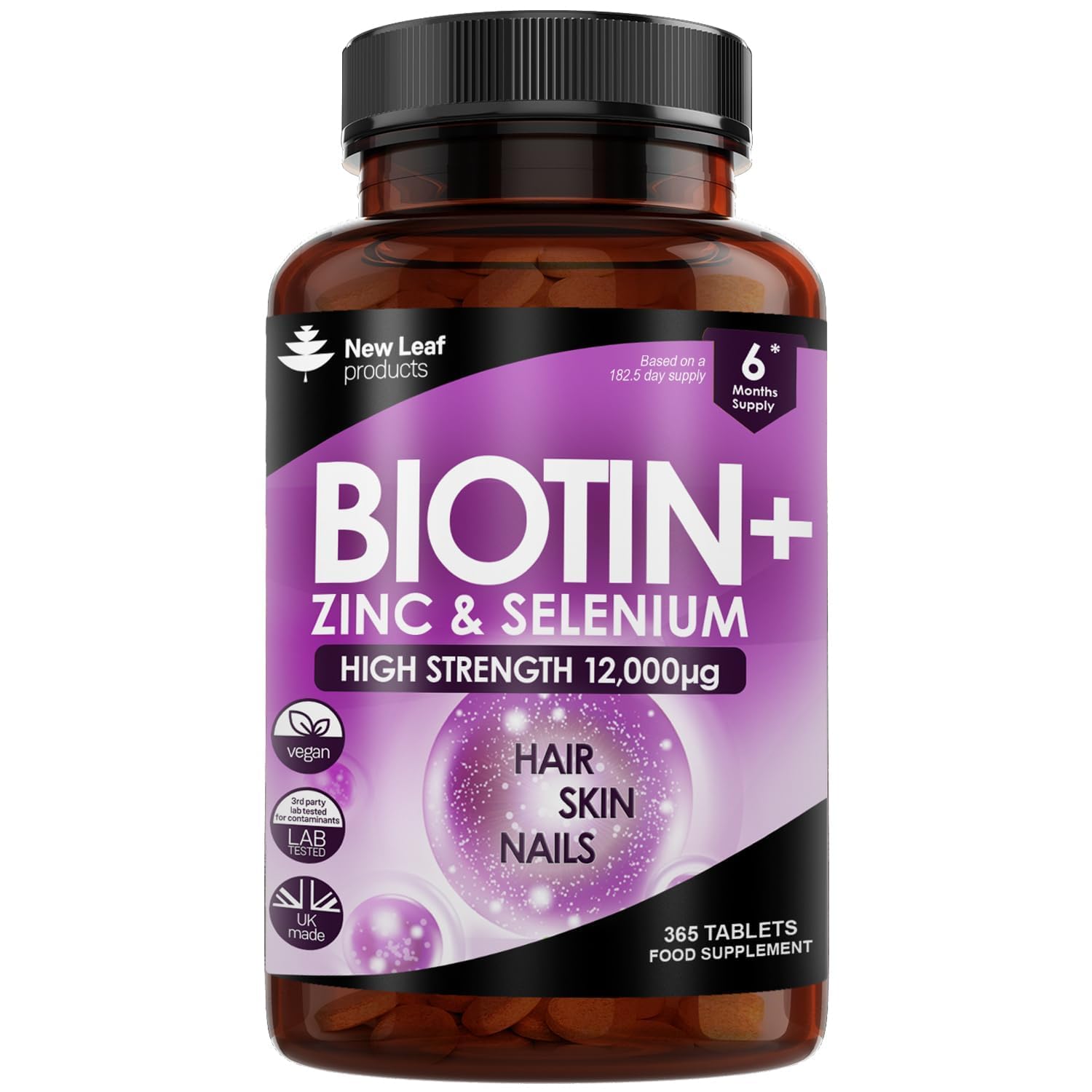 Biotin Hair Growth Vitamins 12,000mcg 365 D-Biotin Tablets Enriched with Zinc & Selenium β Vegan Hair Skin & Nails Vitamins for Women and Men High Strength Hair Vitamins - UK Made by New Leaf