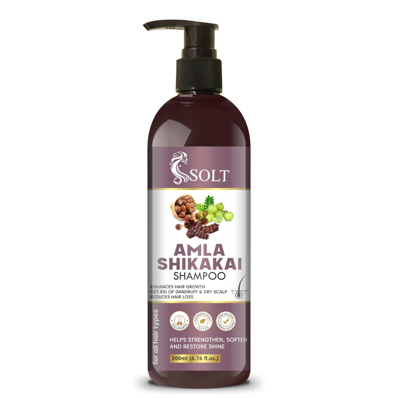 SOLT Amla Shikakai Shampoo - Enhances Hair Growth, Eliminates Dandruff & Dry Scalp, Reduces Hair Loss - Suitable for All Hair Types - Helps Strengthen, Soften, and Restore Shine - 200ml