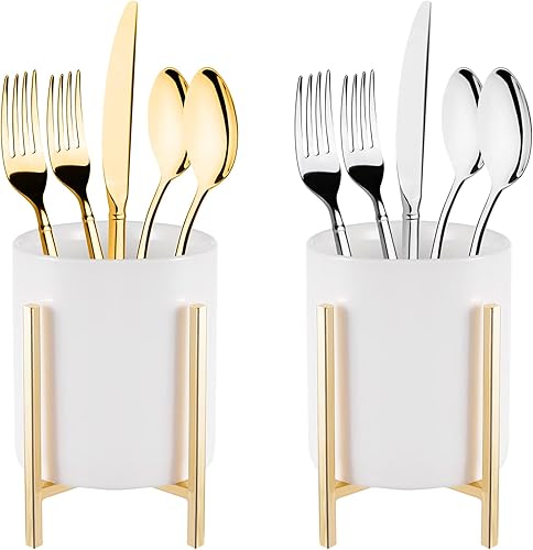 Varku 2 soportes resistentes para cubiertos, taza de cerámica blanca con soporte de metal dorado, organizador de cubiertos robusto, recipiente