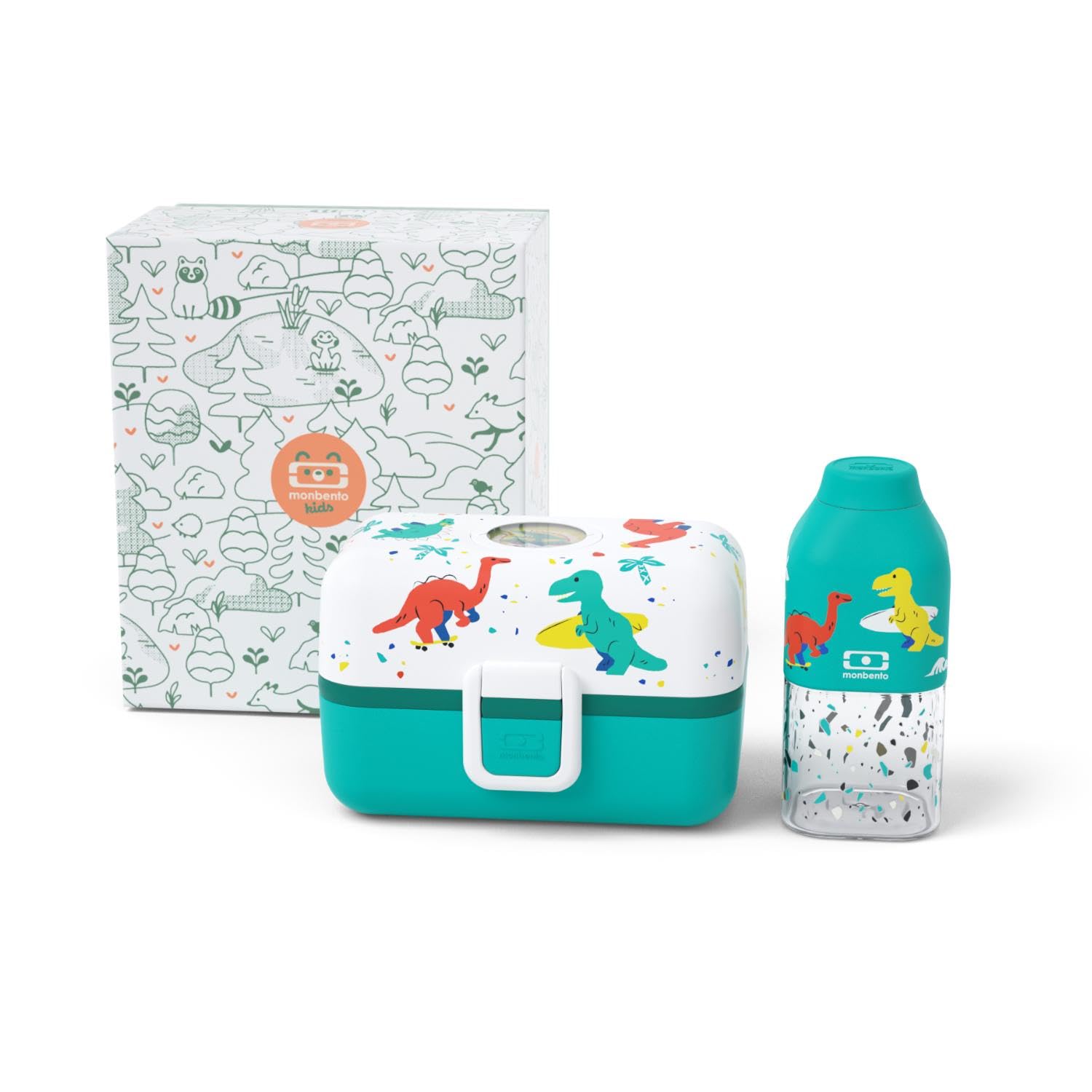 Monbento - Coffret Cadeau Enfant Tresor bleu Dino - Lunch Box Personnalisable 800 ml et Mini Gourde 330 ml Positive S - Idée Cadeau Parfaite pour Noël, Anniversaire - Dinosaures