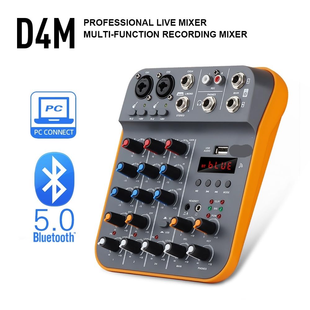 Mikser dźwięku, 4-kanałowy mikser audio DJ konsola miksująca z Bluetooth 5.0 48V Phantom Power do nagrywania na komputerze
