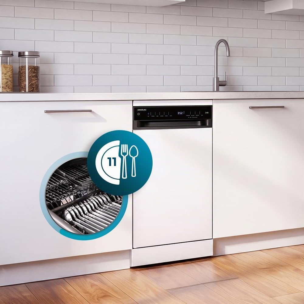 Cecotec Lave-vaisselle Pose Libre 45 cm Bolero Aguazero 4560 Connected, 11 Couverts, 9 Programmes, Classe C, Moteur Inverter Plus Duo, WiFi, Blanc