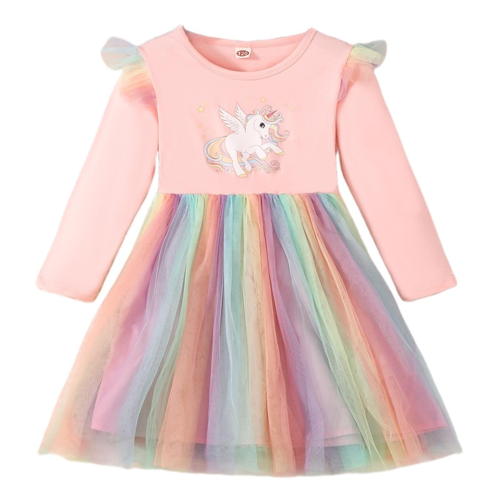 Qiraoxygirls Unicorn Dress Long Sleeve Ruffled Tulle Dress Casual