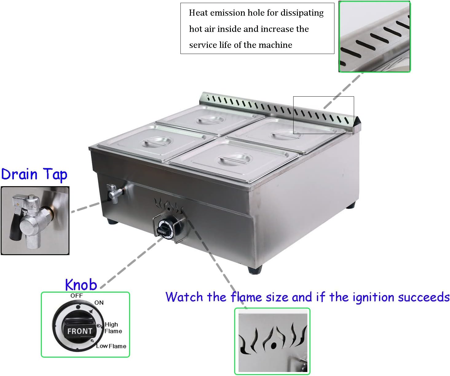 INTBUYING LP Gas Food Soup Warmer Propane Gas Stove Bain-Marie Commercial Canteen Buffet Steam Heater Stainless Steel with Gas Regulator Valve 12''x8.7''x4''Pan-4 Pans（Square）