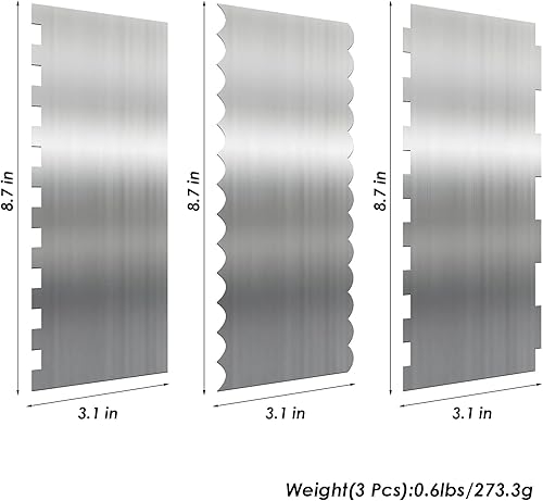 Miniatura 6 de Gollense Juego de 3 raspadores de acero inoxidable más suaves para tartas de 9 pulgadas, diseño de rayas, borde de rayas, herramienta de decoración