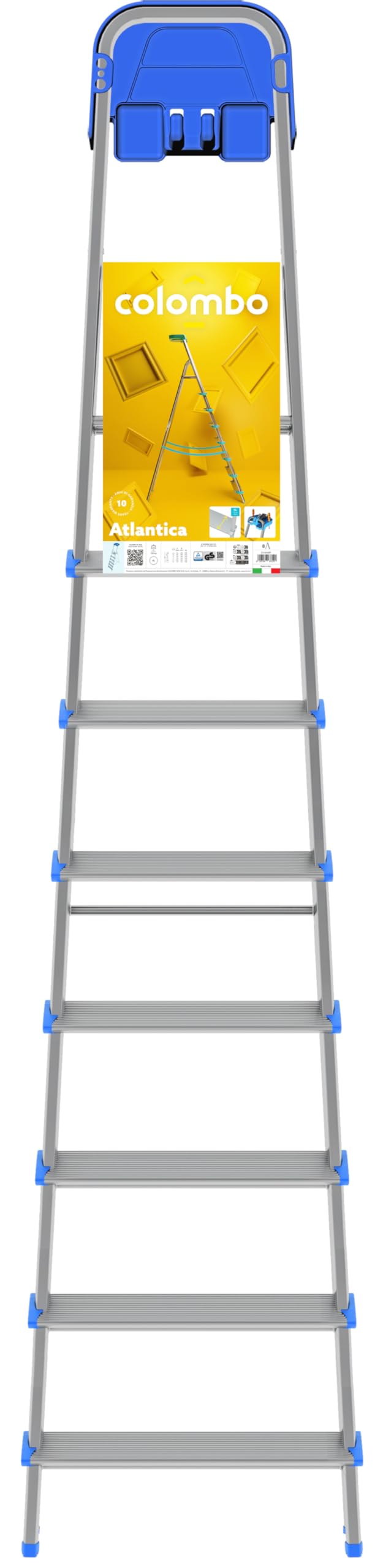 Colombo Escalera de Aluminio Atlántica de 8 peldaños | Escalera de 8 peldaños Extragrande de 12 cm con Plataforma Antideslizante y Bandeja para Herramientas | Conforme a la Norma EN131 TÜV-GS | Carga