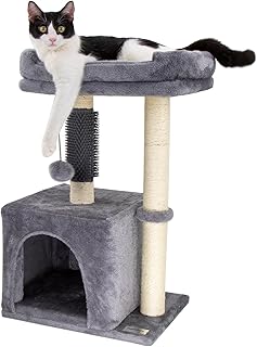 Hapineko Small Cat Tree Tower,Cat Scratching Post for Indoor Cats,Featuring with Cat Cave and Cozy Perch,Cat Self Groomer and Interactive Dangling Ball Great for Kittens and Cats 26.8" (Light Gray)