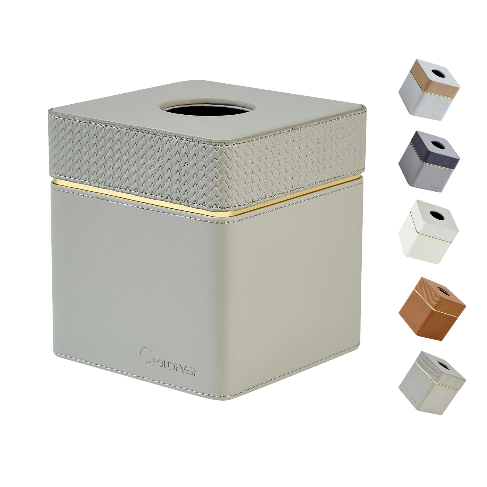 Tissue Box Holder Cover Square Modern PU Leather Decorative Tissue Cube Holder Organizer - Woven Pattern Grey