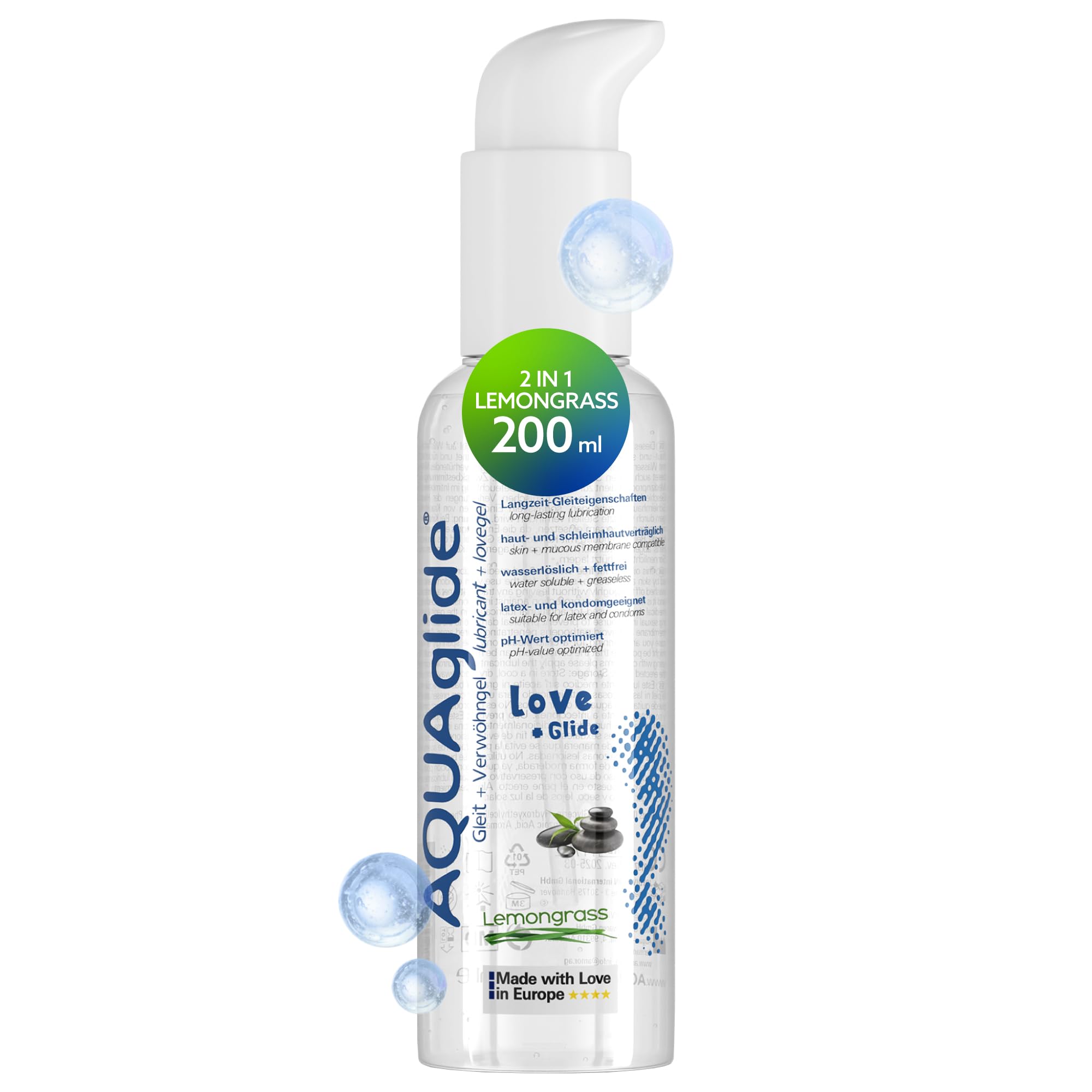 Joydivision AQUAglide 2-in-1 Lemongrass 200ml, Water-Based Massage & Lubricant Gel, Lemongrass Scent, Vegan, Oil-Free & Compatible with Latex Condoms