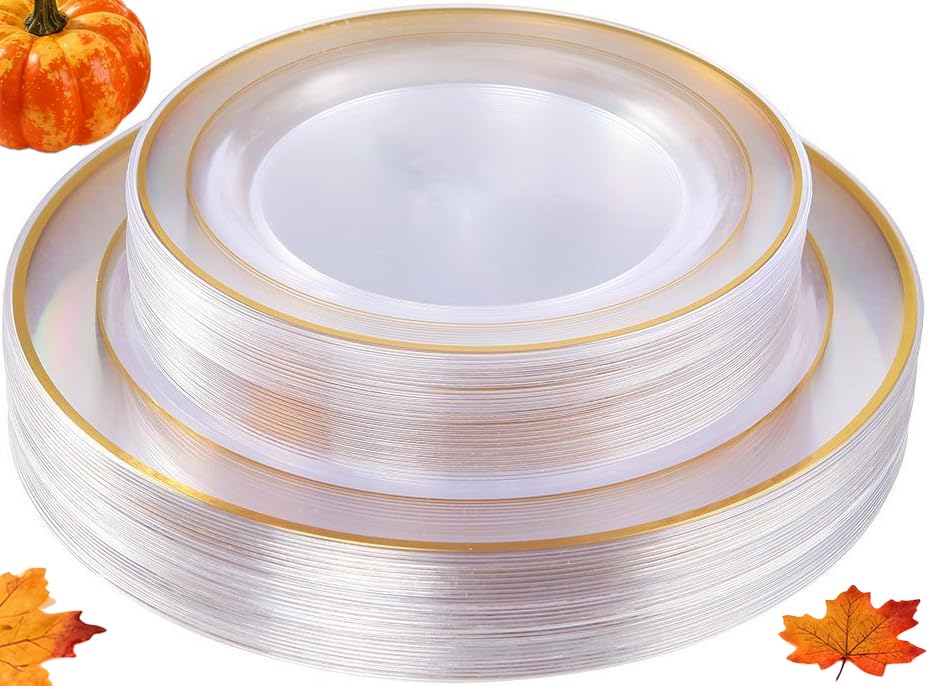 I00000 60 Pcs Clear Gold Plastic Plates, Gold Disposable Plates Includes: 30 Dinner Plate 10.25" and 30 Dessert Plate 7.5 ", Premium Clear Plate Prefect for Wedding and Gold Plates Party/Birthday