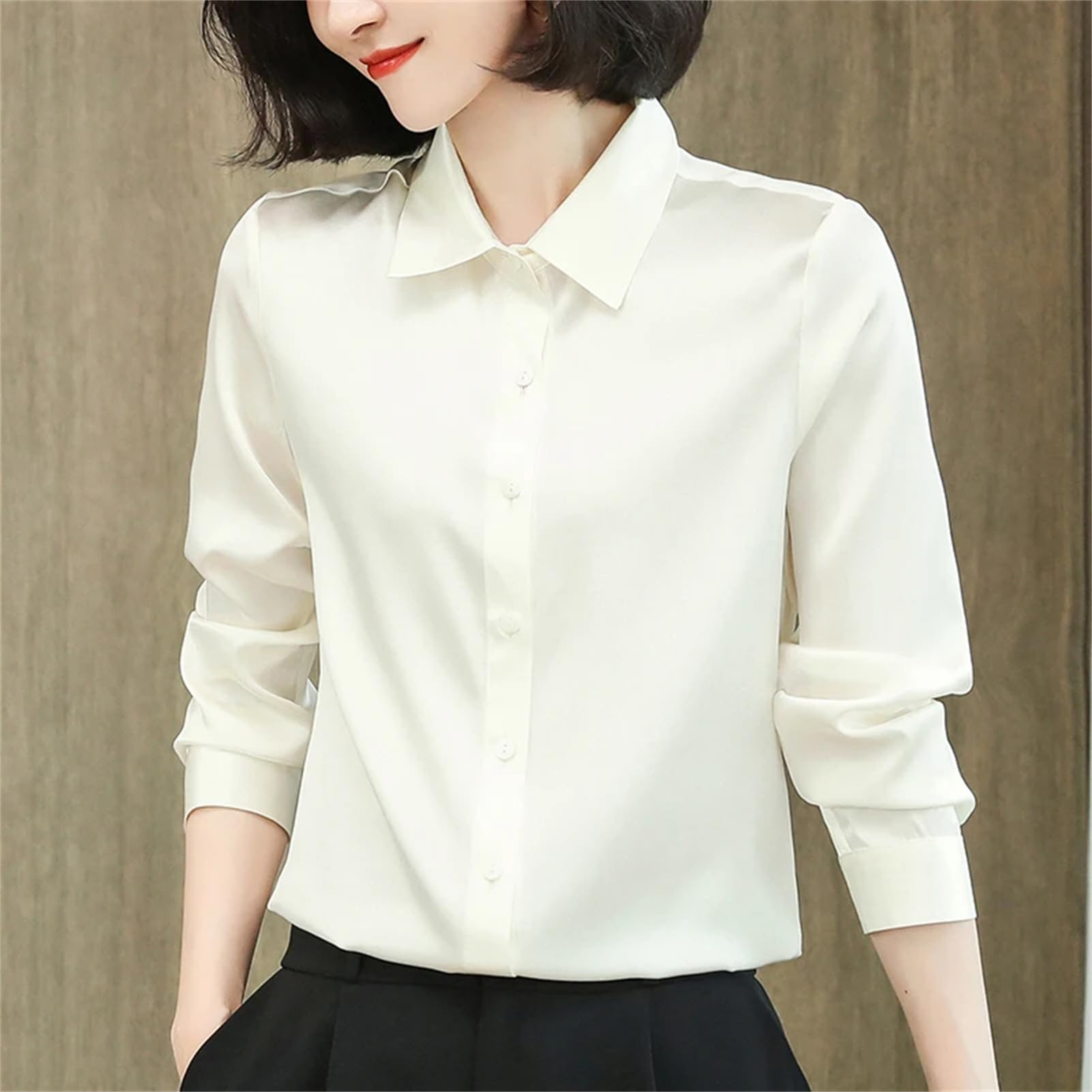 Blusa básica de satén de seda para mujer, cuello vuelto, manga larga, para oficina, trabajo, etc