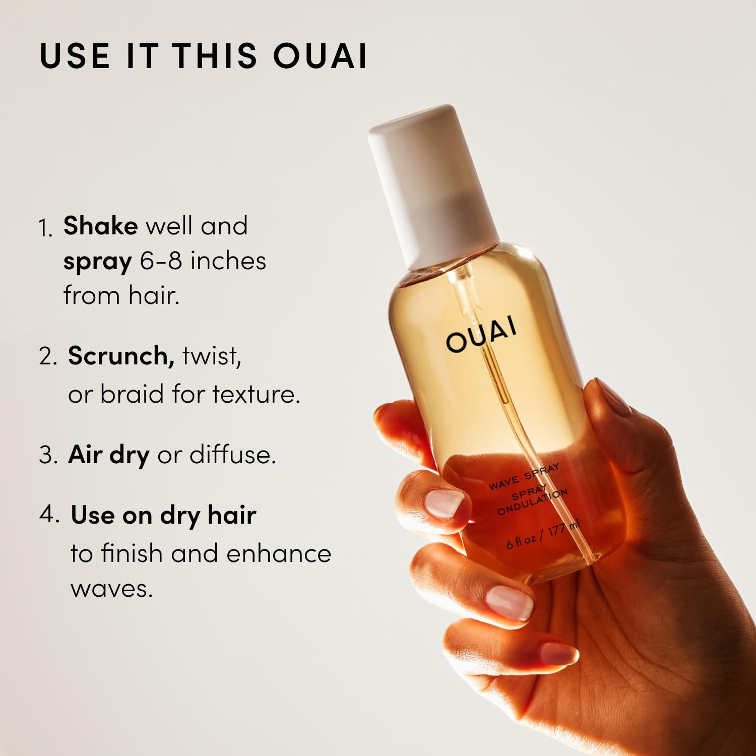OUAI Wave Spray - Spray texturizzante per capelli con olio di cocco e proteine del riso - Aggiunge texture, volume e lucentezza per onde da spiaggia - Senza parabeni, sicuro per capelli colorati e