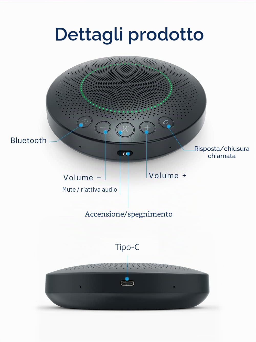 BluePod - Altoparlante e microfono per conferenze wireless, Bluetooth e USB, funzione VoiceLoc e VoiceCap con 6 microfoni omnidirezionali, per sala riunioni o telelavoro