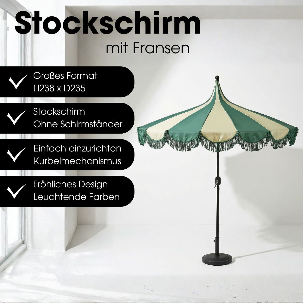 MICA Decoration Kim Gestreifter Sonnenschirm mit Tragetasche - Stockschirm 238 x Ø235 cm - Garten oder Balkon Sonnenschutz - Polyester, Stahl - Dunkelgrün