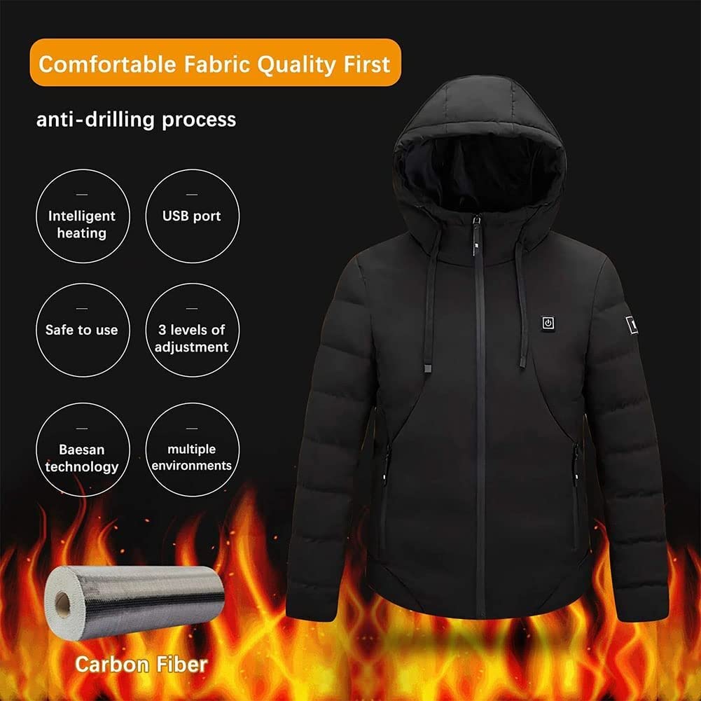 5 Zone di Riscaldamento Giacca Riscaldata USB Scalda Corpo Elettrico con Cappuccio Riscaldato Cappotto per Caccia Equitazione Sci Pesca Campeggio,Nero,XL