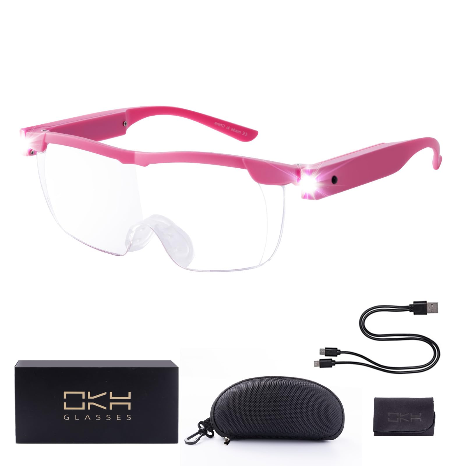 OKH 160% Magnifying Glass with Light, Rechargeable Lighted Magnifying Glass, Jewelry Magnifier with 2 LED Lights, Pink Magnifying Glasses for Close