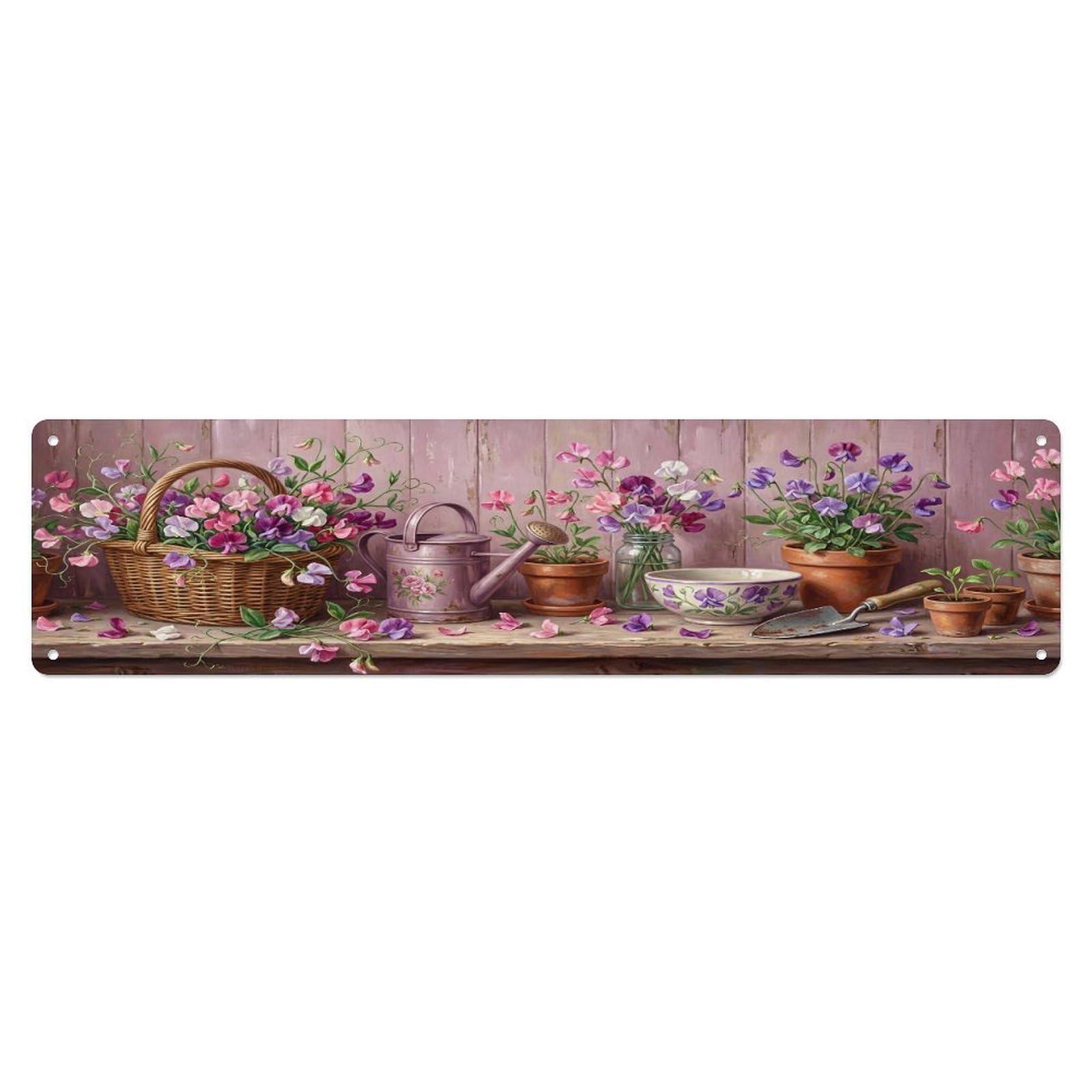 Floral Garden Tools Sweet Pea Wicker Pattern Print Metal Tin Sign
