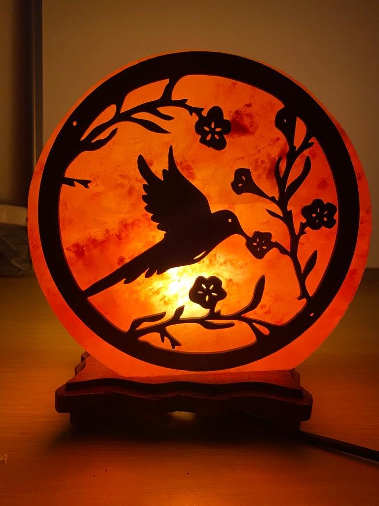 Elkoza Humming Bird Salt Lamps Handmade Wood Silhouette Natural Healing IONES Therapeutic 100% Pure Himalayan Pink Crystal Salt Lamp Fine Quality (Hummingbird Salt Lamp Himalayan)