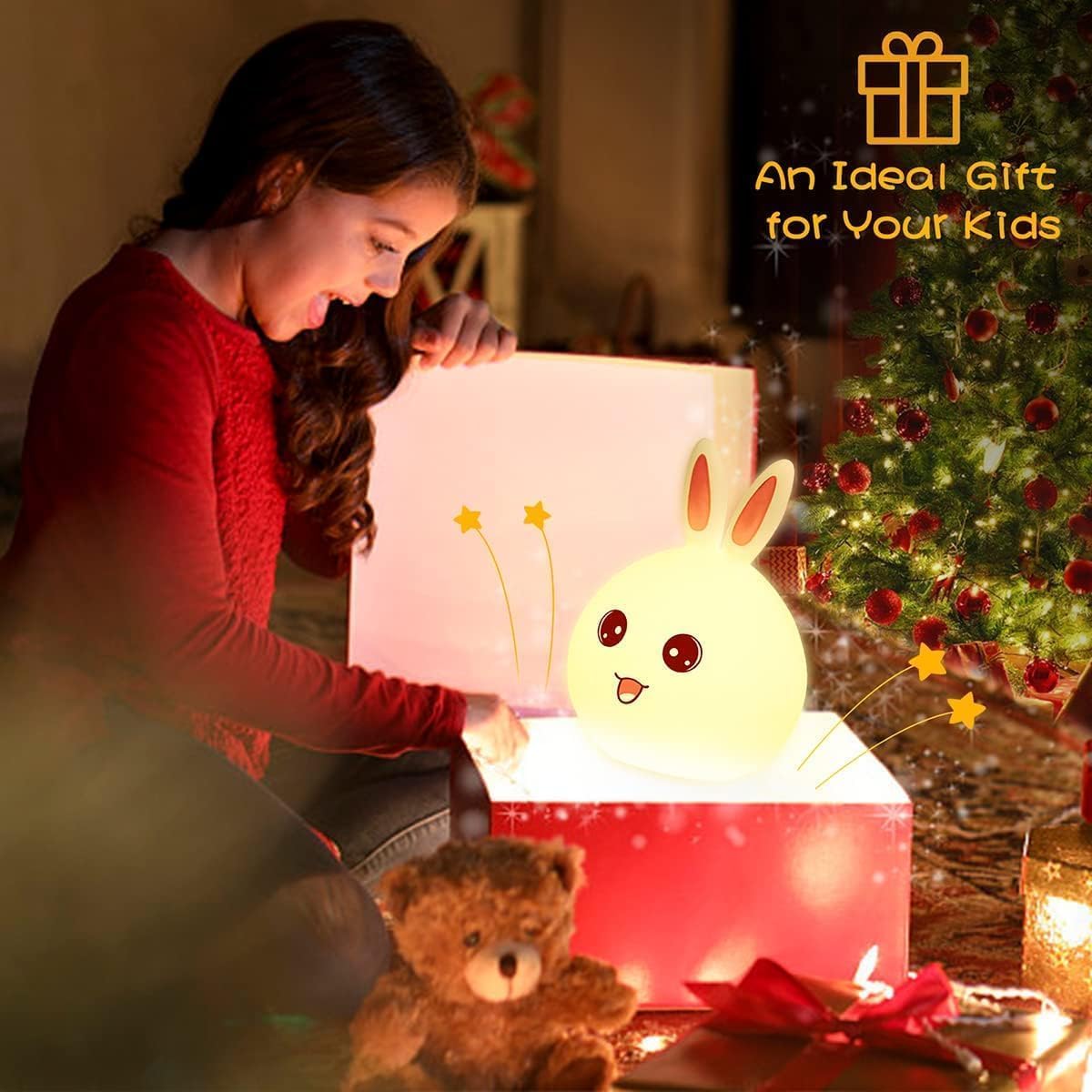 Pamidhar Cute Silicone Rabbit Night Light for Kids, USB Rechargeable 3 Step Dimmable Night Light, 7 Colour Changing Touch Sensor Squishy Mini Nursery Lamp for Baby Bedroom Decor 4