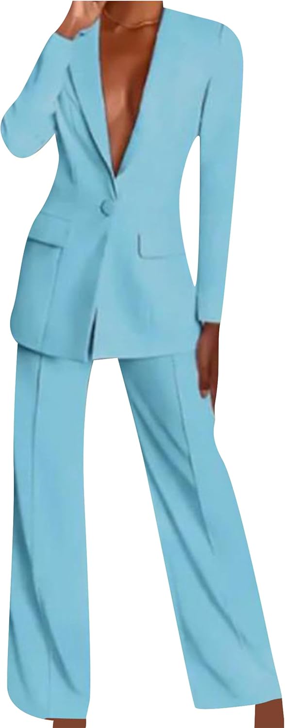 YMING Womens Fall 2 Piece Blazer Set Casual Solid Color Long Blazer Jackets and Wide Leg Pant Suits with Pockets